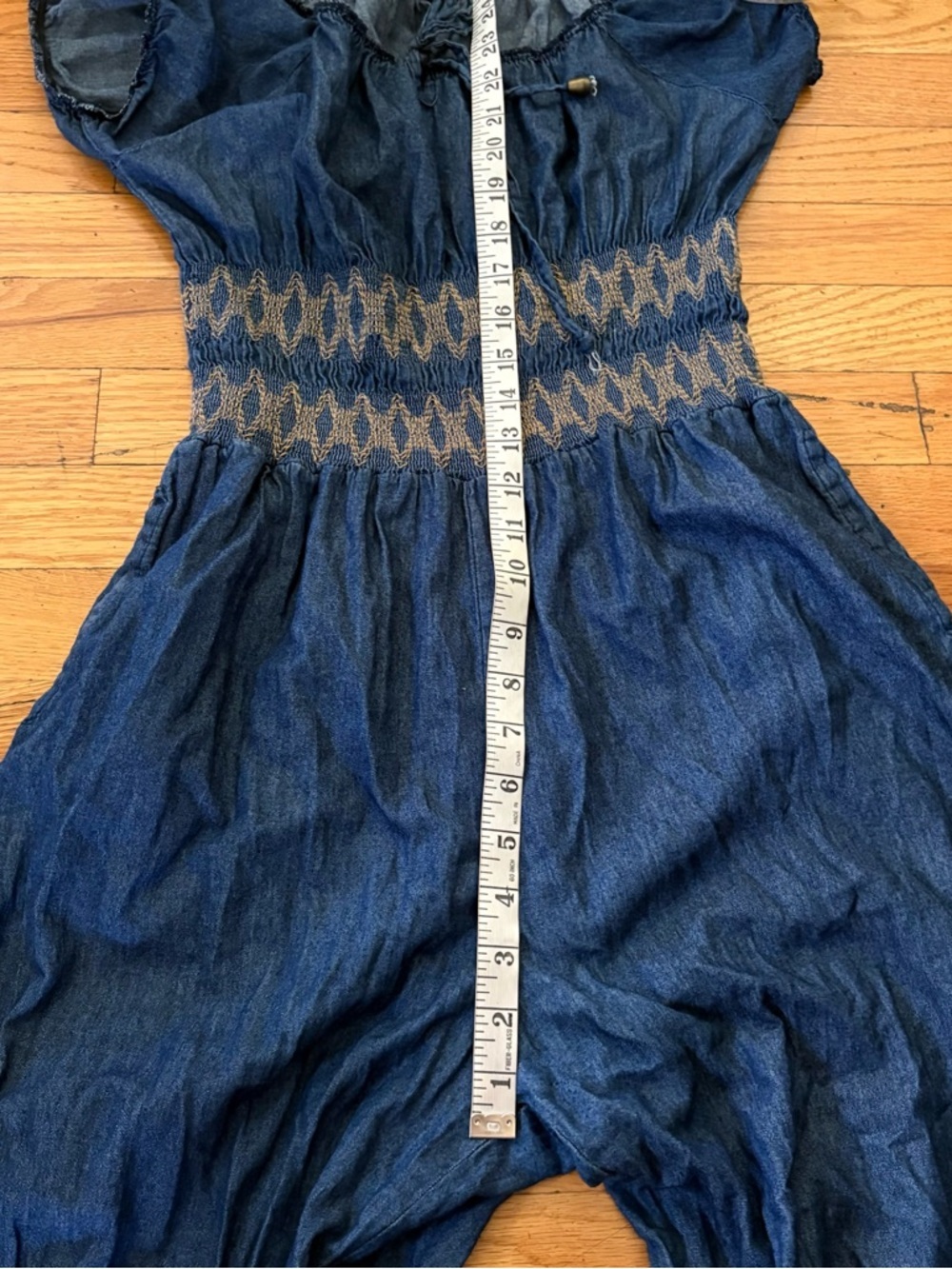Indigo & Lace Denim Jumpsuit Smocked Off Shoulder Cropped Wide Leg Boho Medium - Picture 3 of 7